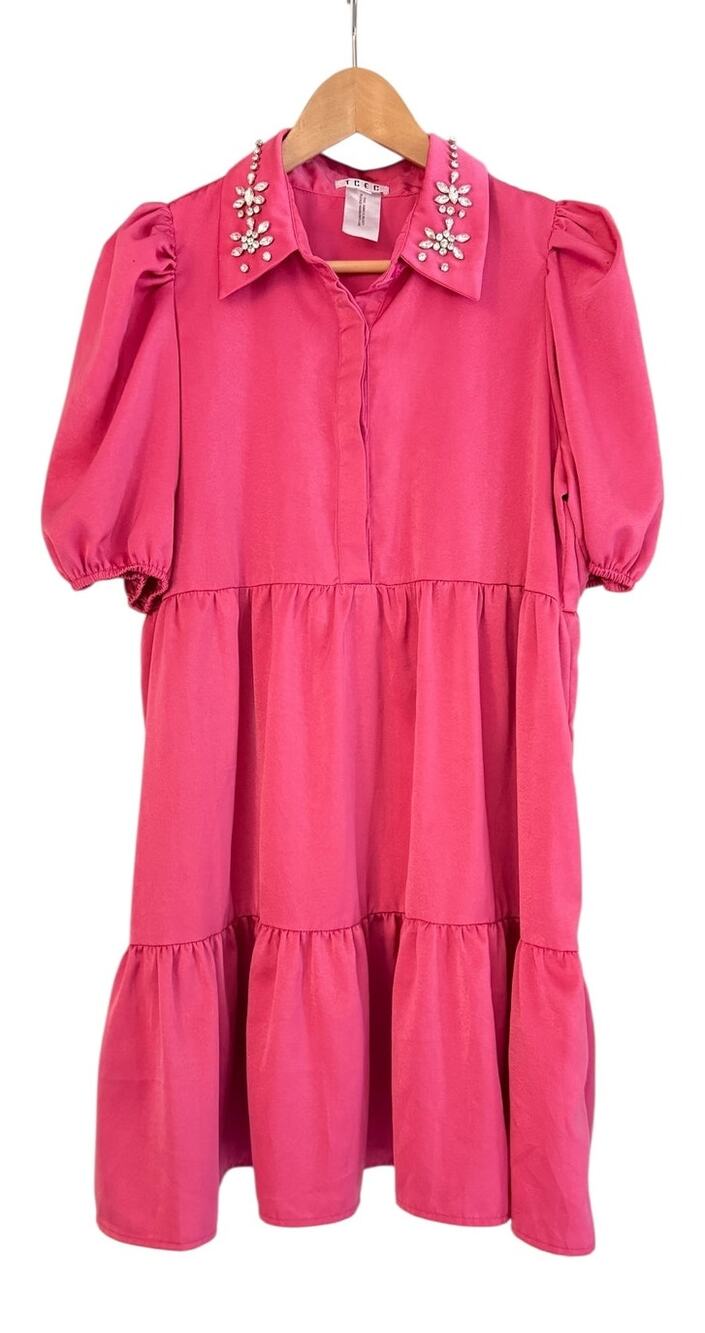 TCEC Pink Rhinestone Collar Shirt Dress Jeweled Glam Puff Sleeve Button Front M